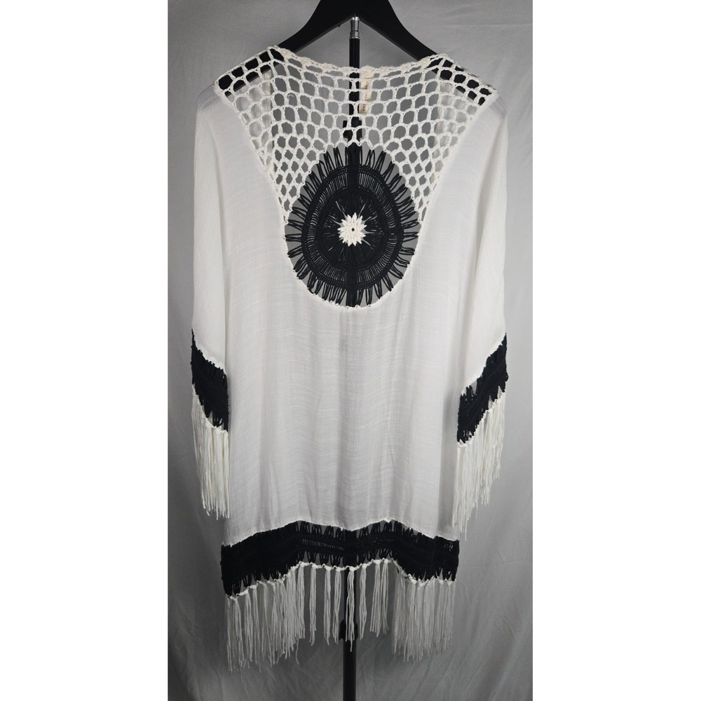 Boho Fringe Crochet Kimono Cardigan S/M White Black Open Front Festival Cover Up